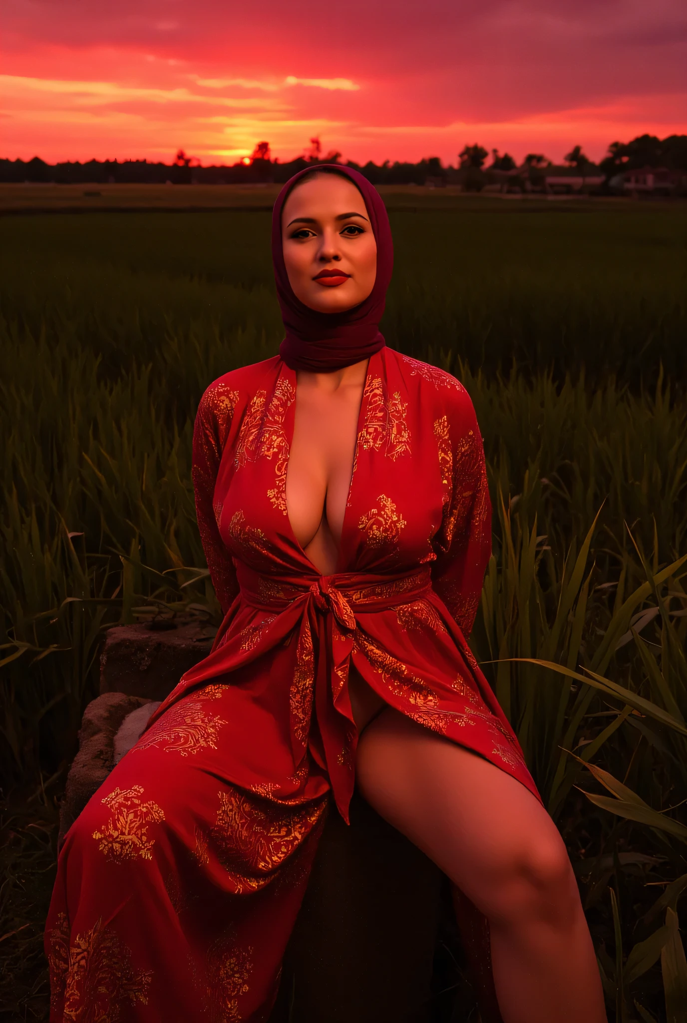 42 years Old, Sugar Mama, ((Beauty Nerd Hijab Indonesian MILF)), (Sensual Red lips : 1.5), wet Oily Tanlined Skin, (Large : 1.2), Polish Nail and face, Full body, Breast about To burst out, Realistic Detailed Perfect abs, at Garden, Dark light, at Day time, (((Pubic area is hairy: 1.1))) (((Wearing a sexy belts design by LV Louis Vuitton: 1.1))) a woman in a red sari is posing in front of a mushroom forest, extremely detailed goddess shot, hyperrealistic fantasy art, extremely detailed woman, fantasy woman, indian goddess, realistic fantasy artwork, full figured mother earth, goddess. extremely high detail, artgerm julie bell beeple, arabian beauty, digital fantasy art ), beautiful goddess, realistic fantasy painting, as overwatch character, very very realistic, masterpiece, best quality, (extremely detailed CG unity 8k wallpaper), (best quality), (best illustration), (best shadow), absurdres, realistic lighting, (Abyss), beautiful detailed glow, art by Peter MohrBacher. (8k, RAW photo, best quality, masterpiece:1.2), ultra detailed, official art, full-body shot, photo-realistic:1.37, , nipple visible through shirt, MALAYSIA singer IMAN TROYE, film grain, Dynamic pose, she is about to pull her shirt up, shot focused on her chest. (Perfect skin, without blemishes or marks). ((best quality, 8k, masterpiece: 1.3)), focus: 1.2, perfect figure beautiful woman: 1.4, perfect breasts: 1.2, ((layered haircut, beautiful breasts: 1.2)), (real clothing textures: 1.1), (smooth Posture), clothing: 1.1, Highly detailed facial and skin texture, A detailed eye, double eyelid, brighten skin, real hair, “Visualize a character who radiates an aura of mystery and fascination. Her skin is so realistic that every texture and hue seems to pop out of the image, reflecting light and shadow perfectly. Skin should display subtle nuances of color, from the warm tones of natural blush to the cool shadows