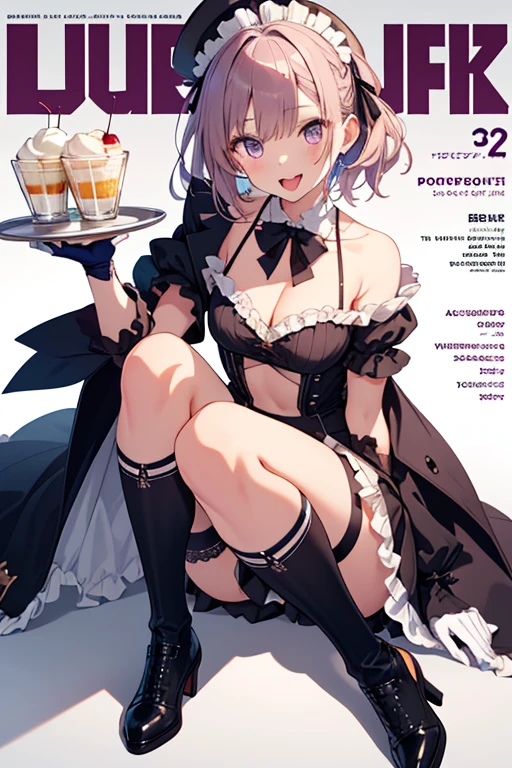 1 girl, small nose, very beautiful detailed face and eyes, bright colors, cute face, delicate beautiful face, Bright magenta eyes, cute eyes, sparkling eyes, Big eyes, (big breasts:1.3), (perky chest:1.1), (pointed chest:1.0), (cake magazine cover:1.3)，highest quality, WorKs of masters, High resolution,BlacK color hair，shiny hair, side ponytail,hair between eyes,bangs, (black jacket, real clothes, cleavage, black skirts, black thighhighs, thigh strap, fingerless gloves, single glove:1.2) , spread legs, panties shot, medium hips, glamorous body, white skin, smile, thin pubric hair, super beautiful face, Super beautiful eyes, Super beautiful hair，trendy outfit，sexy and attractive,full body esbian, Real World, Natural light,perfect Natural light,(with sparkling eyes and a contagious smile), This masterpiece is not only visually stunning but also tells, make of cake cooking , in the kitchen, open mouth, looking at viewer,
