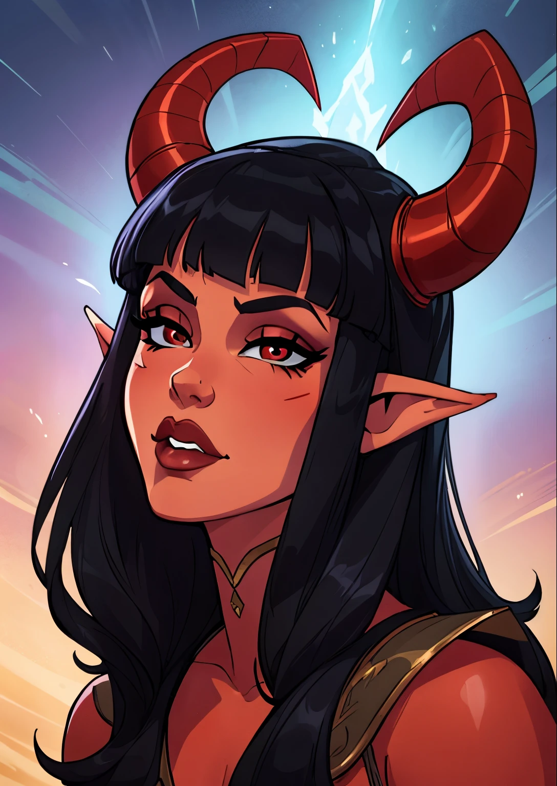 masterpiece, best quality, 1female, beautiful, face portrait, 1girl, face focus, deep makeup, goth, cell shading, tiefling, straight hair, ram horns, septum, black hair, bangs, elf ears, red skin