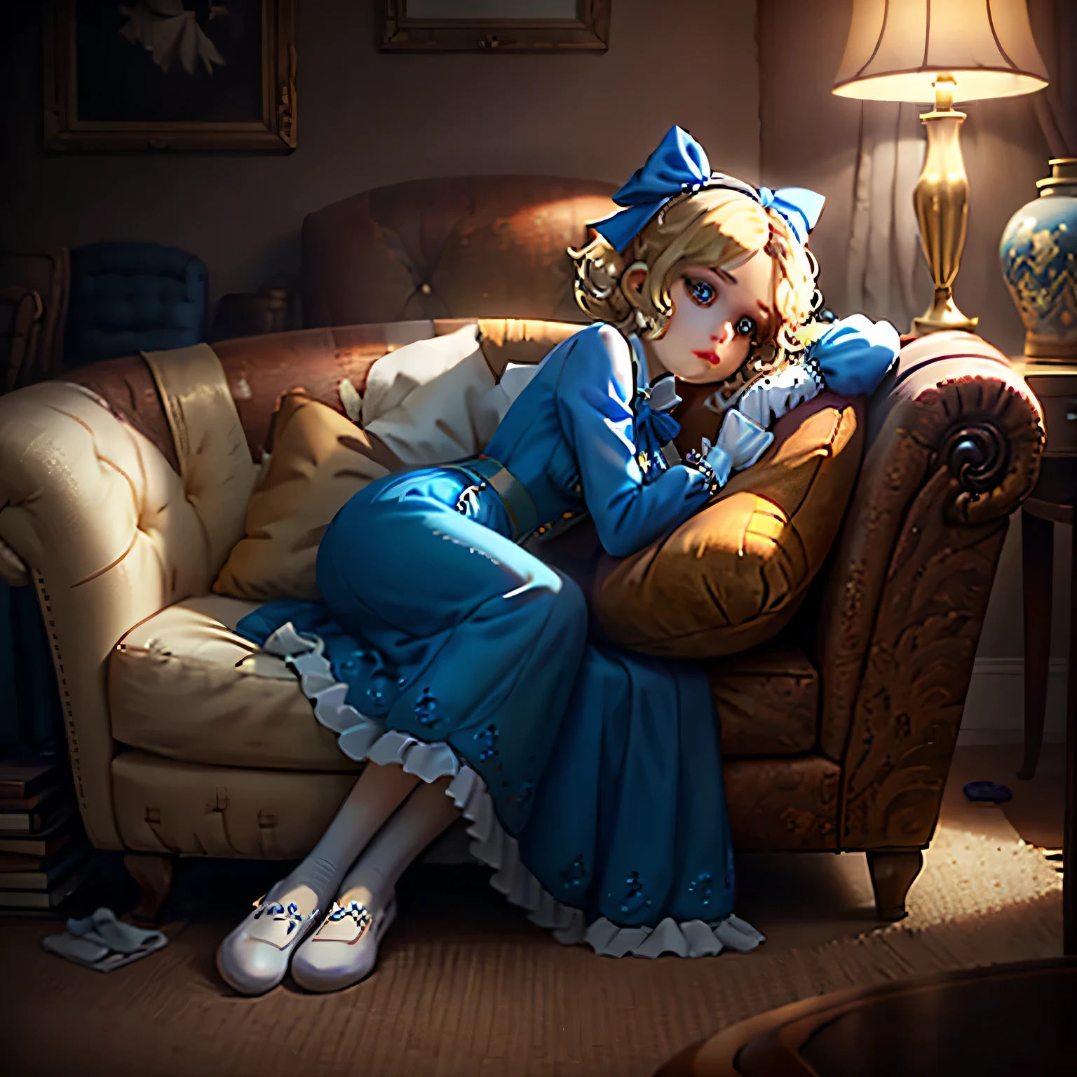 masterpiece, best quality, identity v, button eyes,
1girl, blonde hair, dress, gloves, bow, shoes, solo, blue dress, white gloves, short hair, indoors, couch, pillow, blue bow, looking at viewer, hair bow, socks, white footwear, long sleeves, on side, chair, lips, white socks, stitches, ribbon, sitting, closed mouth, armchair,