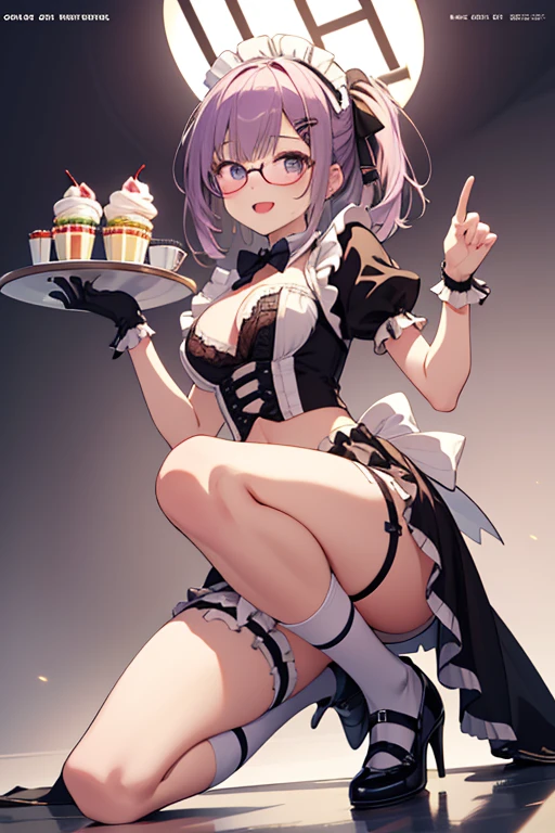 masterpiece, best quality, solo, 1girl, chisato nishikigi, looking at viewer, light smile, closed mouth, blush, embarrassed, medium breasts, playboy bunny, rabbit ears, black pantyhose, red bowtie, wrist cuffs, black leotard, holding tray, cake, cafe, coffee, squatting, spread legs, cafe shop, full body