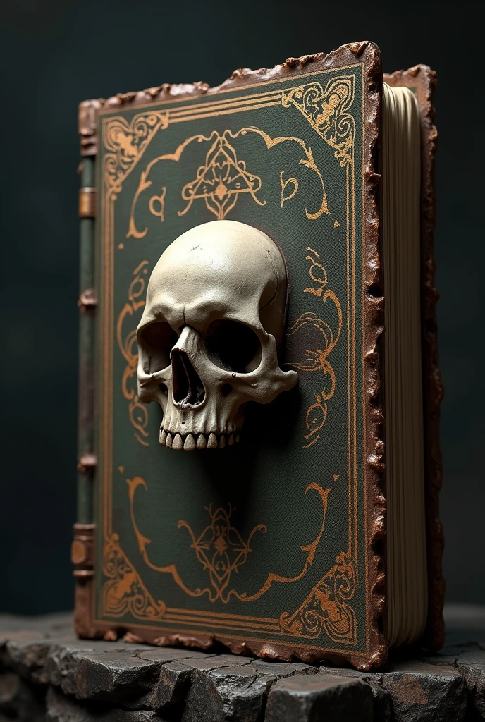 An old black book cover with tattered edges, bloodstains, and a skull in the center.