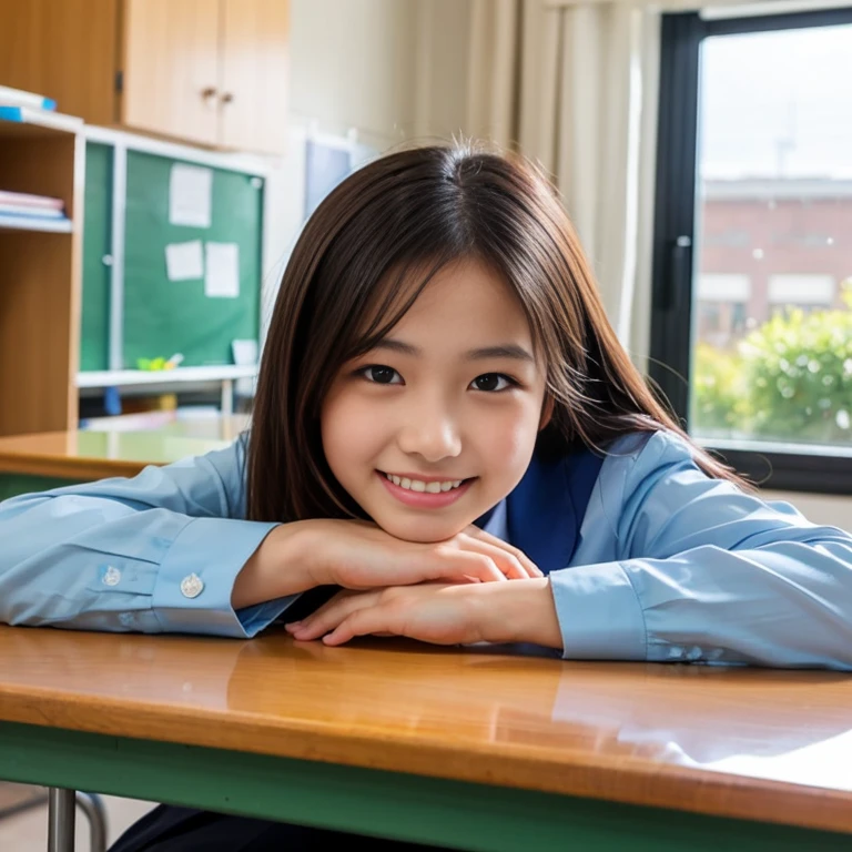 Best Quality, 2k, masterpiece, school classroom from below, Long-haired female student with long black hair wearing a blazer uniform, reflection in the glass is sitting in a window seat, They talk to me with a smile, white teeth