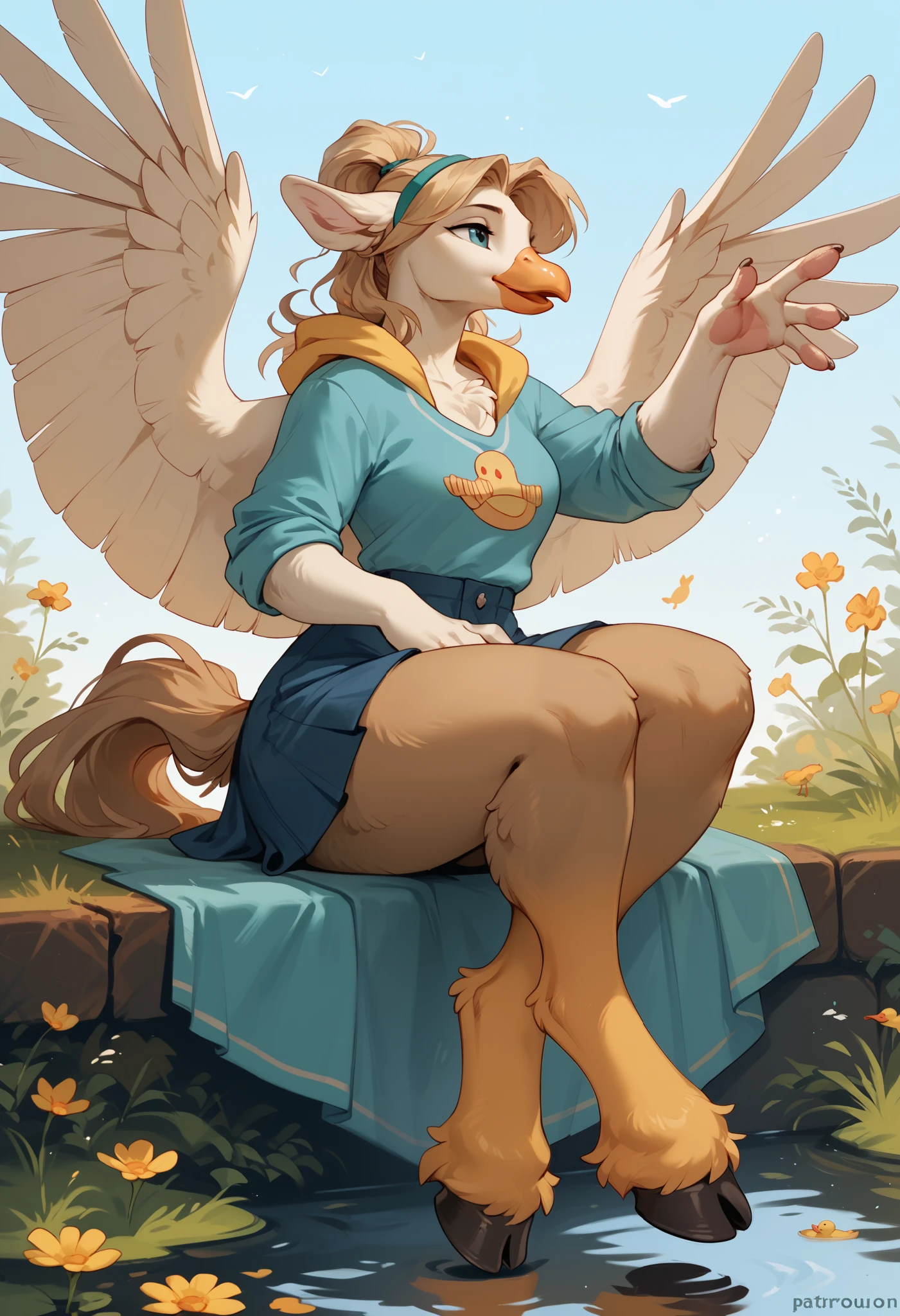 Anthropomorphic duck and horse hybrid, furry, fursona, fluffy, duck tail, wing hands with fingers, hooves on feet, 1girl, full-length