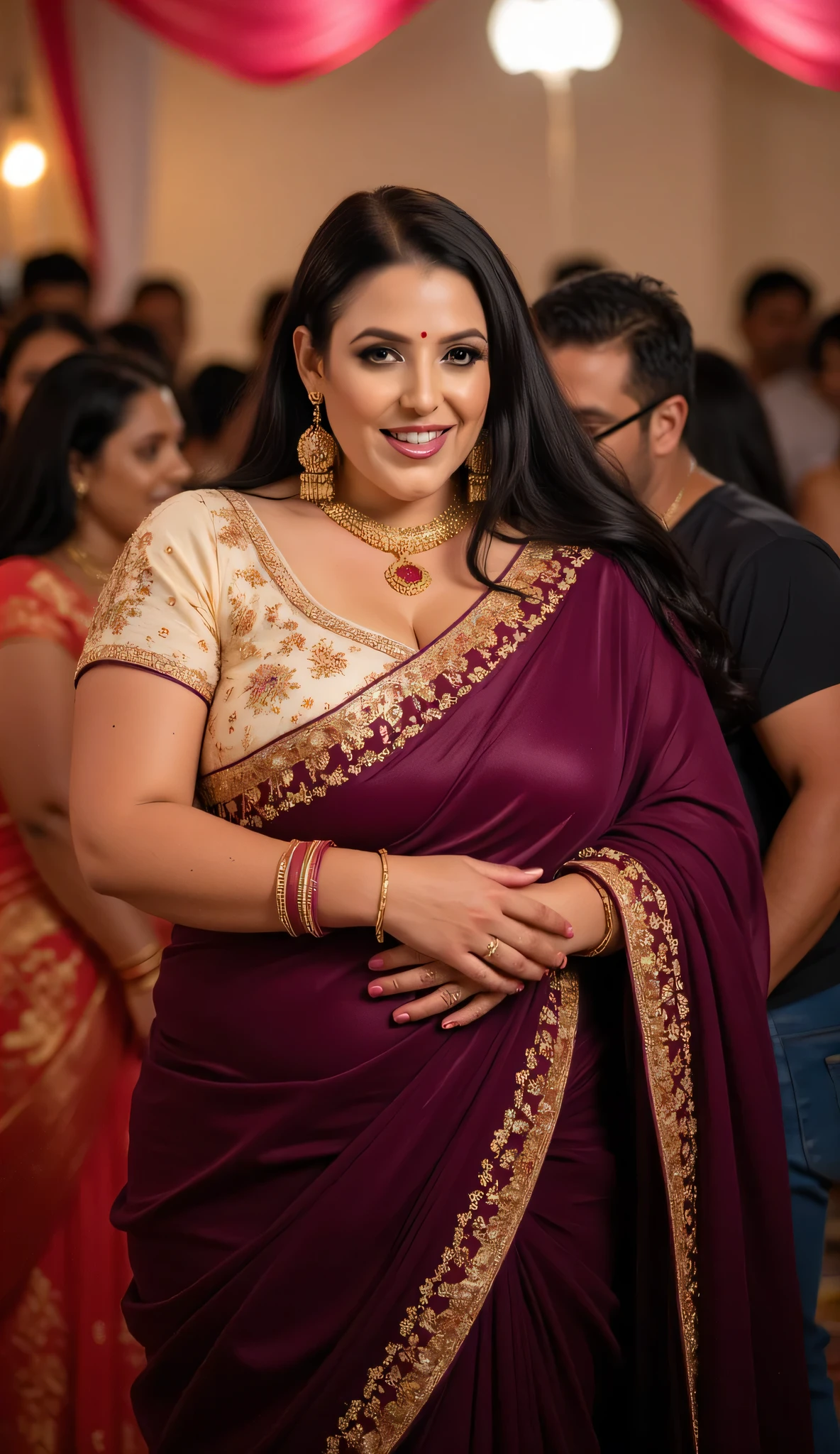 Front view,Full body image, indian hourglass body, Indian plus sized 29 year old Telugu bride syamala, lovely face, mouth wide open, wearing highly embroideried cream colour silk deep neck blouse and meroon colour low purple silk body fit designer glossy saree wearing with partially closed eyes, standing in a party hall , 2 men wearing trousers hugging her from side and kissing on her shoulder, with a group of men in a party hall, romantic movie stills photography, movie stills, movie photo, hd movie photo, movie still promotion, film movie still, still from movie, dynamic movie still, still from a movie, movie still 8 k, movie film still, still from the movie, cinematic movie still, promotional movie still, full body image, front view