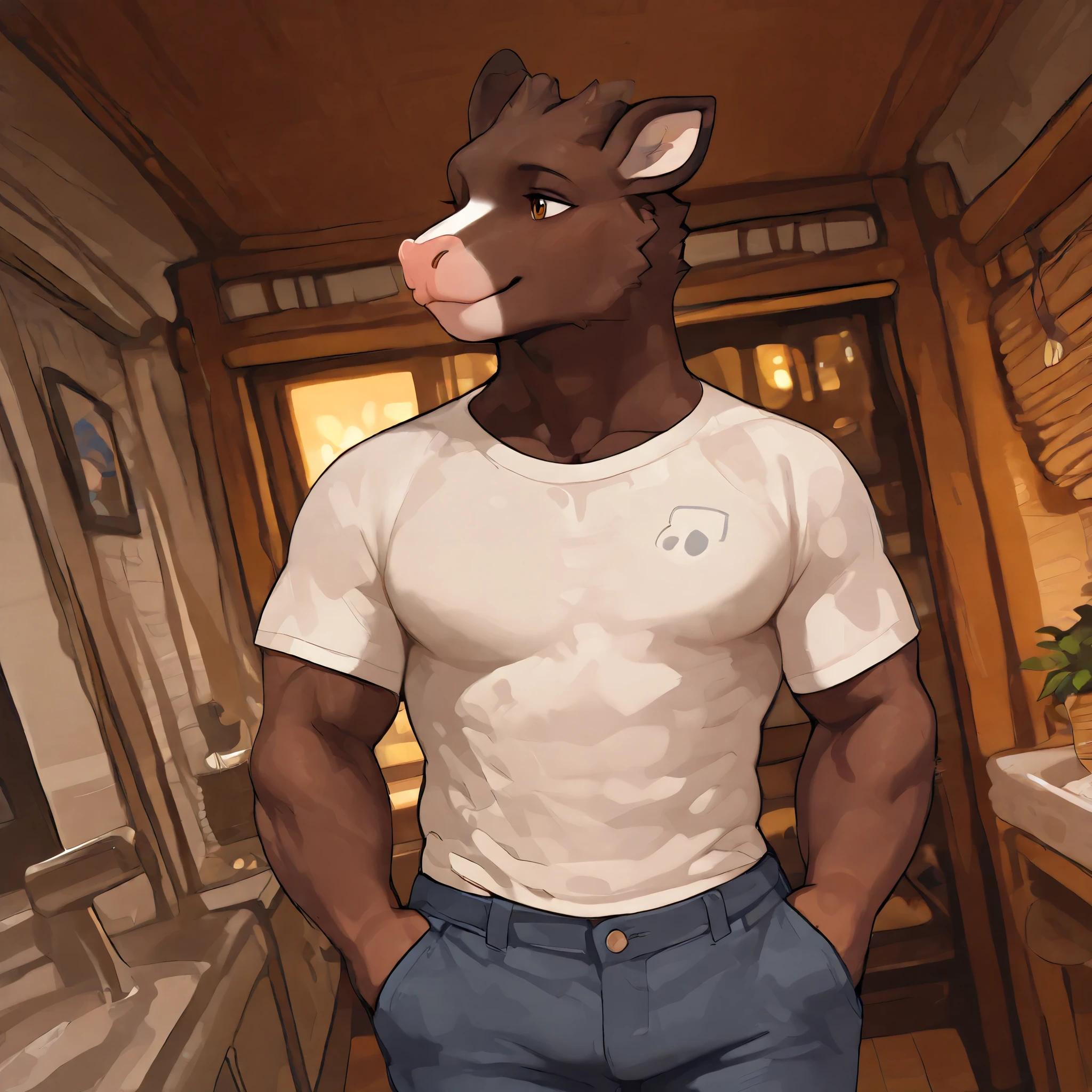 Cow furry, cow, furry, male, masculine, man, cow features, brown eyes, casual clothes, home.
