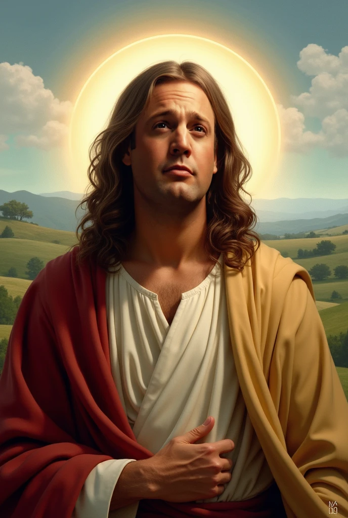 (romanallcoma) Almighty god Jesus christ ( jesus) blessing to the sky 35 years old with a long brown hair and long beard, heaven blessings light with a cross background) happy face, realistic 8k,A beautiful ultra-thin realistic portrait of Jesus, the prophet, a romanallcoma 35 years old Hebrew brunette, short brown hair, real perfect eyes, long brown beard, with, Helping People , wearing long linen tunic closed on the chest part, in front view, full body, biblical, realistic,by Diego Velázquez,Peter Paul Rubens,Rembrandt,Alex Ross,8k, Concept Art, PhotoRealistic, Realistic, Illustration, Oil Painting, Surrealism, HyperRealistic, helping people , Digital art, style, watercolorReal Jesus flying on sky with a flying cloud in the background, Jesus walking on water, biblical illustration, epic biblical representation, forcing him to flee, coming out of the ocean, ! holding in hand!, disembarking, god of the ocean, beautiful representation, 8k 3D Model, realistic, a 3D Realistic of jesus with a halo in the sky, jesus christ, smiling in heaven, portrait of jesus christ, jesus face, 35 young almighty god, portrait of a heavenly god, greg olsen, gigachad jesus, jesus of nazareth, jesus, the face of god, god looking at me, he is greeting you warmly, he is happy, avatar image