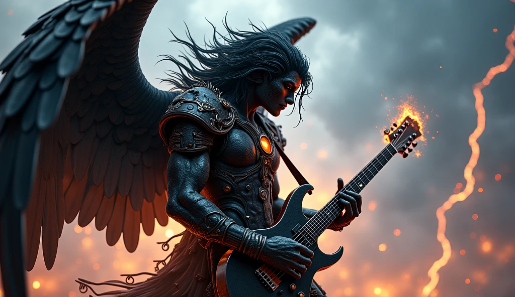 Male angel playing electric guitar in the middle of a thunderstorm