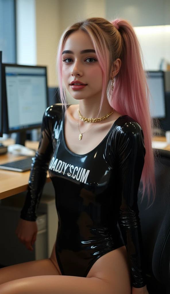 (((masterpiece, Very detailed, ultra retina, wide shot, ultra wide angle, masterpiece, Best quality, 16 thousand., uhd, super detail))), perfect face, short hair, Anatomically correct, textured leather, chromatic aberration abuse, (detailed face), detailed eyes, (((((Chewing gum pink hair))))) , ((чашка DD)), Doe eyes, wear fishing nets, (((A computer in the background))), (((long hair)))