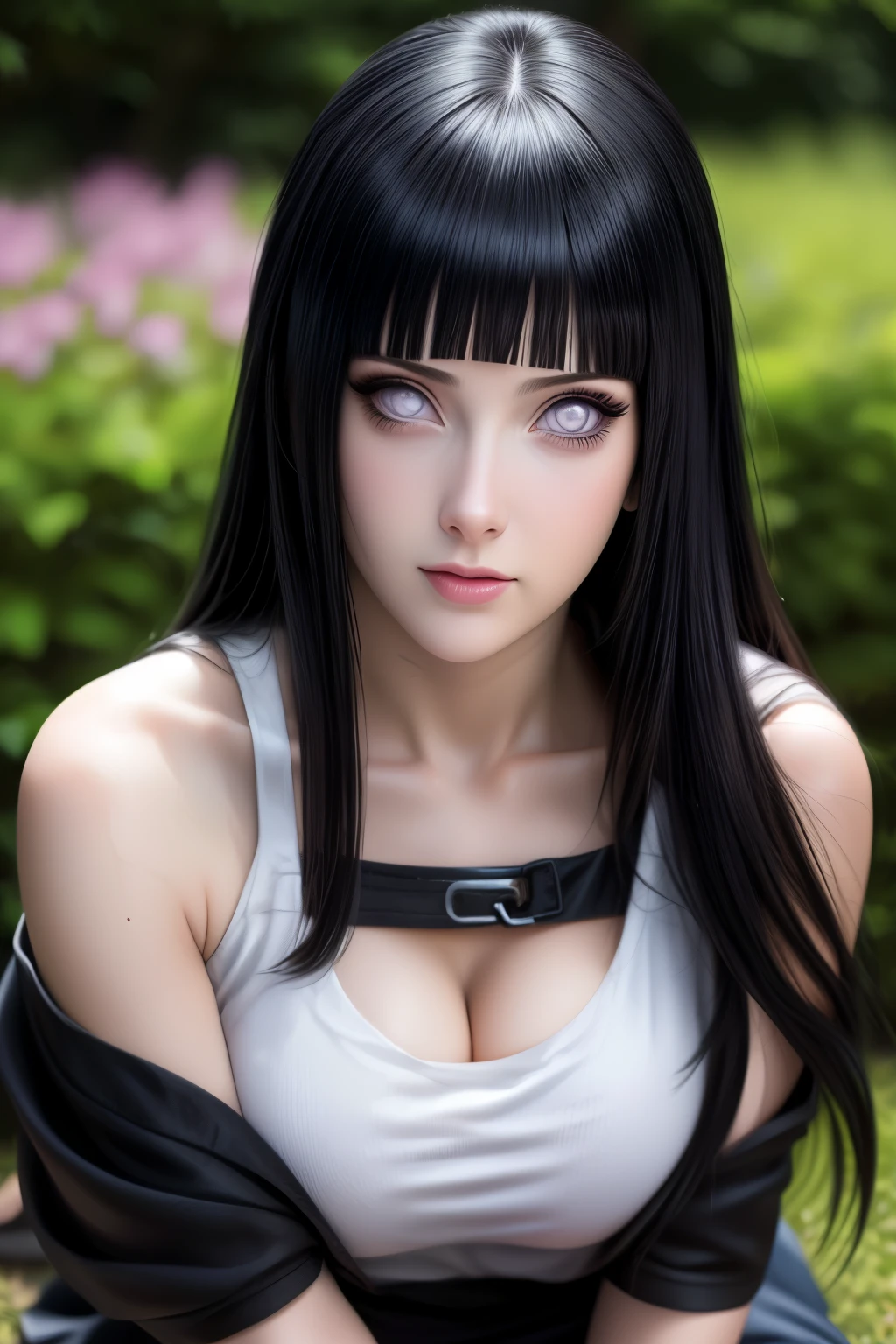 1girl, hyuga hinata in anime naruto, long hair, dark blue hair, white eyes, smile, beautiful, sexy dress, sexy clothes, purple and white clothes, very big breast, realistic clothes, detail clothes, outdoor background, ultra detail, realistic