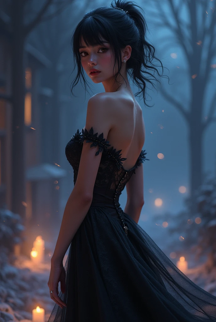 Virtual image, Realistic, Virtual Magic, Chinese woman, undercover, 1 woman, beautiful, charming, sexy, Medium bust, Blue-bronze hair, medium length hair, light blue eyes, red lips, tattoo, sexy, Black tight dress, tights, high-heels, full body, Real picture, Pose naturally, Candle floating in the air, A lot of yellow lightning with white candles around it., Snowfall at night