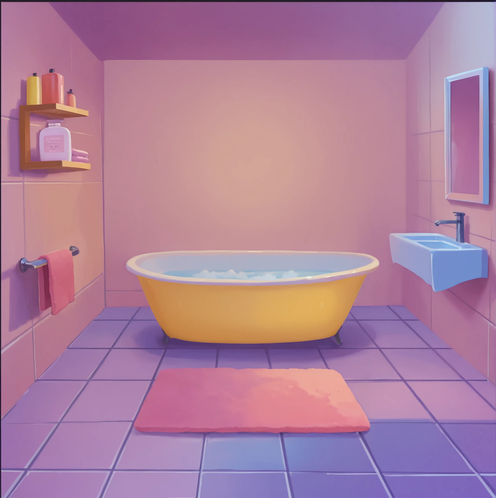 A cozy bathroom illustration in soft pastel tones. At the center, a yellow freestanding bathtub filled with water. The floor is covered with purple-pink tiles, and a pink mat lies in front of the tub. To the right, a modern floating sink with a mirror. On the wall, wooden shelves hold shampoo bottles, soap, and neatly folded towels. The lighting is soft, creating a warm and relaxing atmosphere