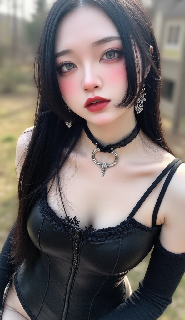 photography of a 20yo woman, perfect face, masterpiece, victorian goth, underwear, sun glasses, black horns, drawing, one pigtail, black crown, very big , black gloves, gloss red lips, lips bite, gazzel horn, black background