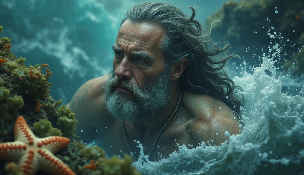 [photo of the :0.125]
face of Proteus the god of the ocean shrouded in mysterious swirling waves, wearing open silk robes with intricate patterns, gold, regal appearance, atmospheric fog, crashing waves, gruff features, white hair, mature man, beard, chest hair, arm hair, loincloth, ocean, clear blue sky, subsurface scattering, cinematic lighting, dramatic angle, looking at viewer