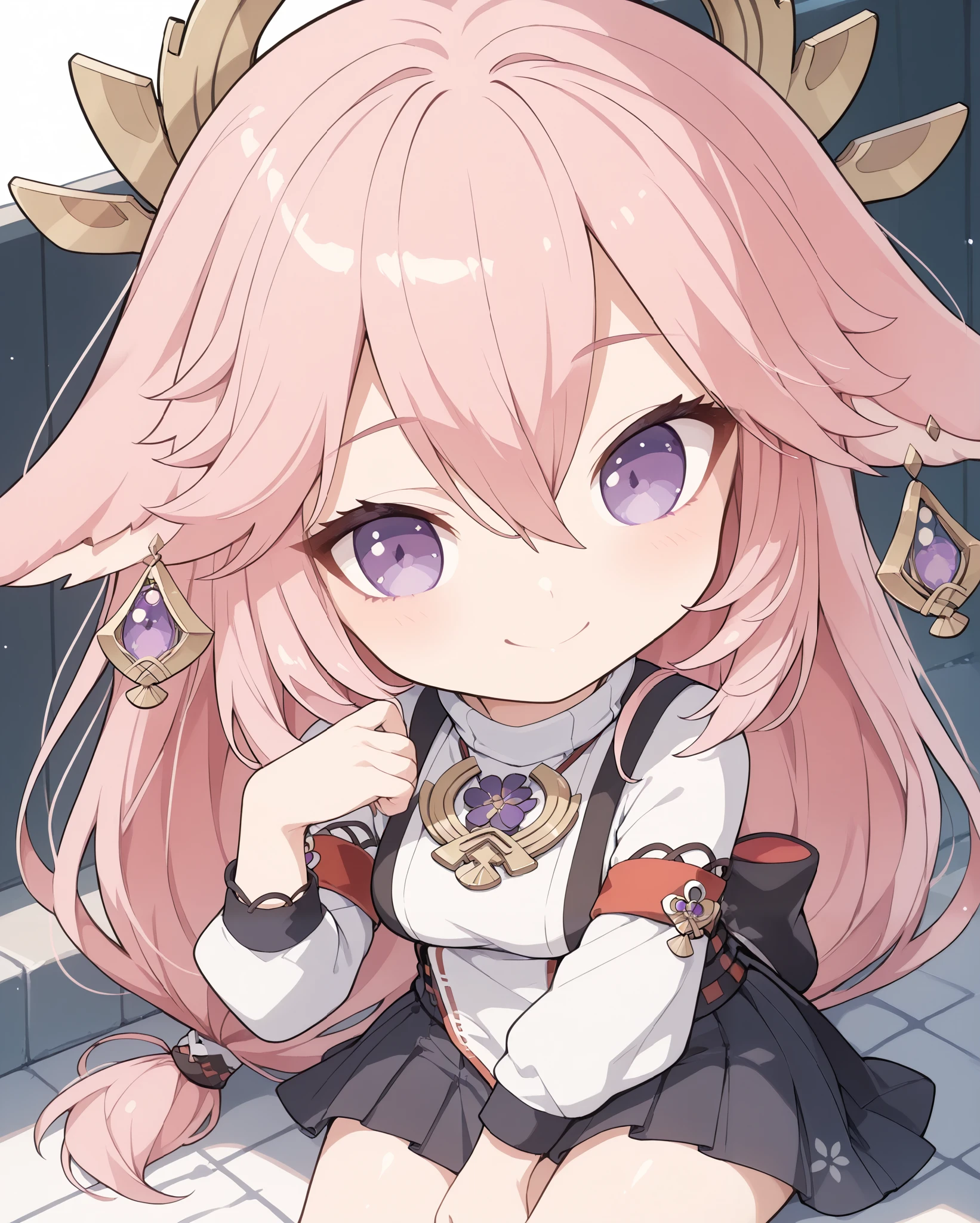 Score_9, Score_8_up, Score_7_up, Score_6_up, Score_5_up, Score_4_up, Tag1, Tag2, ( Yae Miko From Genshin ) (Pink Hair) (pink clothes) (purple eyes) (long hair) (school girl skirt) (locks on the sides), 1girl, smile, chibi, big eyes,bright colors, warm colors, hot colors
