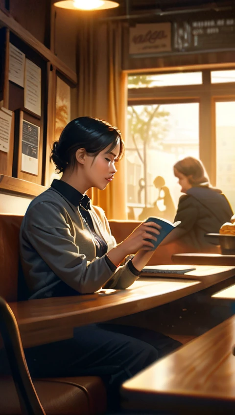 Ultra-realistic photo of a man reading a book in a library and sipping coffee, looking passionately at his girlfriend. Best quality, perfect lighting, rich in detail. The library is spacious and organized, the shelves full of books. The scene is illuminated by the setting sun, creating an environment of dream and mystery. The man is accurately depicted, his facial features and expressions are clearly visible. His girlfriend is beautiful and smart, with silky hair and captivating eyes. The cups of coffee on the table, almost overflowing, create a warm and inviting air. --auto --s2