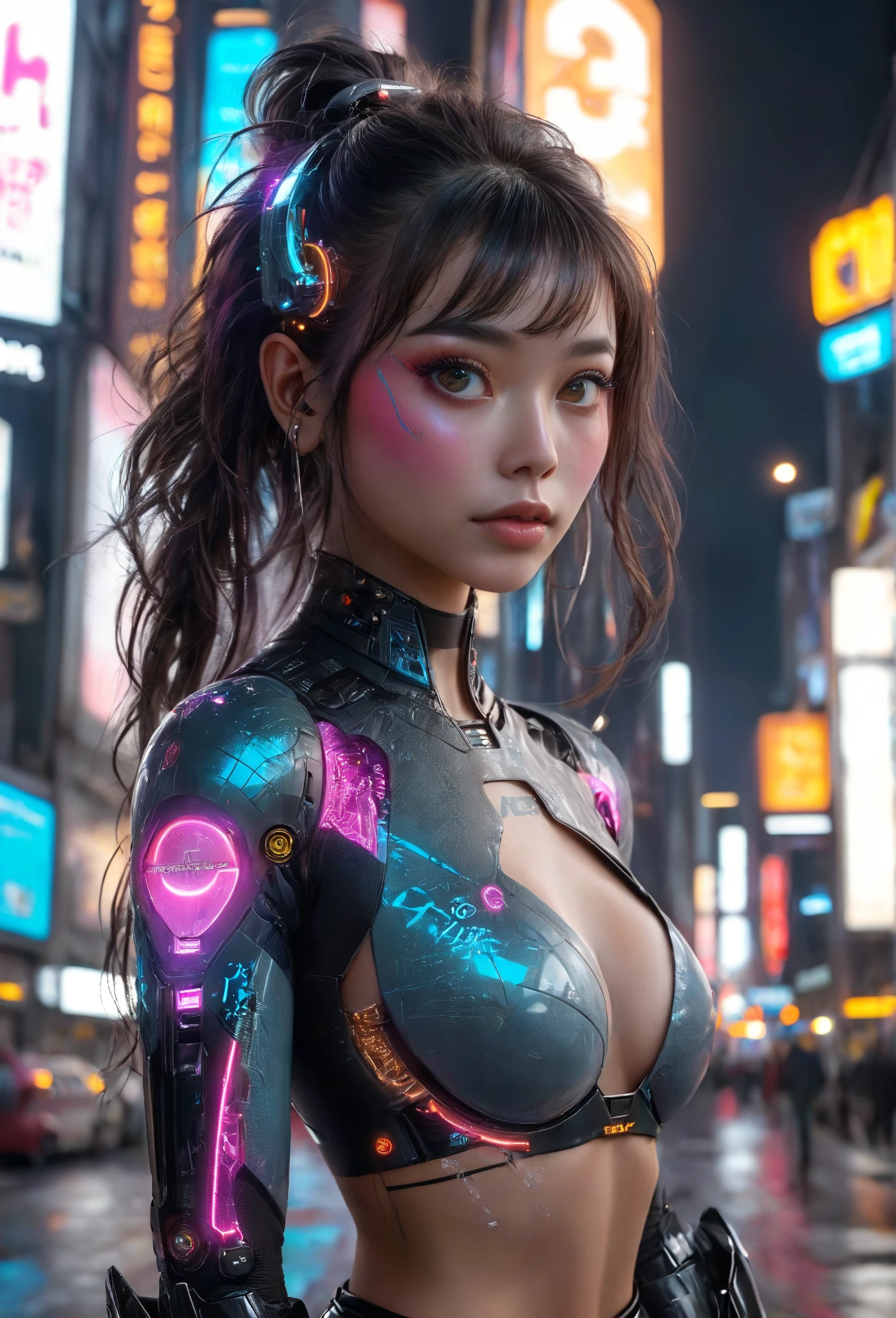((una hermosa chica cyberpunk viste un disfraz de Harajuku Tech), (lentes ciberneticos de tinta rosa), con pecas, lengua traviesa de fuera, aretes de neon, pelo azul despeinado, tatuajes yakuza, autodisparo, raytraced, viento, paisaje de la ciudad ciberpunk, (aesthetics and atmosphere:1.2),sonriente, Laugh,plano amplio, cuerpo completo, extremidades cyberneticas. (foto cruda, mejor calidad), (realista, photo-realista:1.3), Obra maestra, un extremadamente delicado y hermoso cuerpo, extremidades ciberneticas extremadamente detalladas, Best quality score, ultra dynamic punk pose, middle body, close up, high view, neon lights atmosphere, angulo picado, colores neon, verde, azul y morado