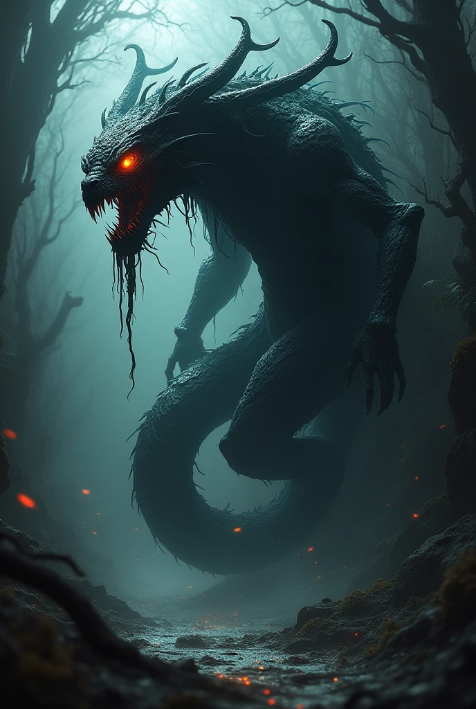 Snake with arms and claws, macabre smile, full of darkness