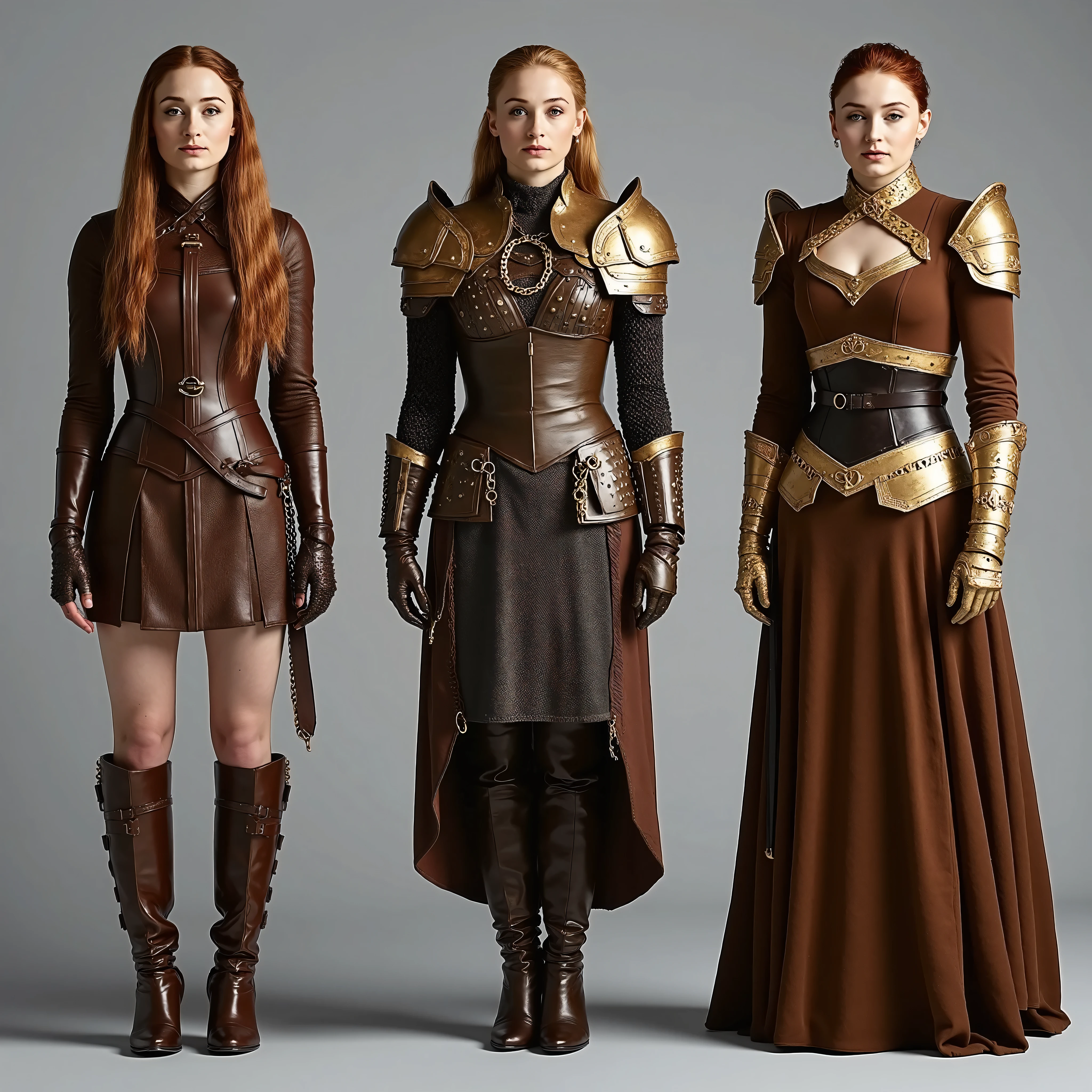 The same Sophie Turner woman stands exactly full-length in three different outfits, 1 type - robber leather armor, leather brown corset and leather miniskirt, brown heeled boots, shoulder pads, 2 type - bronze knight armor, bronze corset, бронзовые shoulder pads, bronze chain skirt, leather boots with bronze plates, 3 type gold women's armor and brown dress with a neckline, золотые shoulder pads и сапоги на каблуках с острыми носами, stands on a gray background .