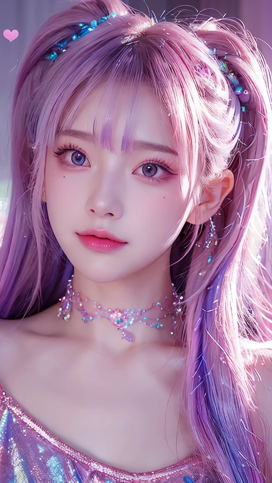 "A beautiful young woman with long, iridescent pastel hair reflecting rainbow colors, soft and glowing skin, large sparkling eyes with a hint of pink and purple, wearing elegant heart-shaped earrings and a delicate choker. Her hair is styled in twin ponytails with small glowing heart accessories. The background is soft and dreamy with a gentle gradient of blue and pink, featuring floating light particles and sparkles. Photorealistic, ultra-detailed skin texture, high-resolution portrait shot, soft natural lighting."