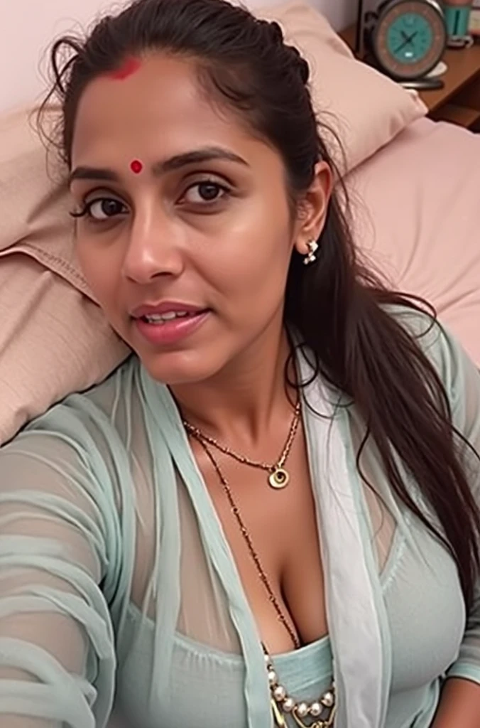 A 50 years old Indian woman,holding breasts with her hands,screaming from pain,painful face expression, putting a man's big 8 inch dick in her pussy,big breasts,sexy figure,big ash,laying on a bed,wearing full length v neck green color silk nighty,on breast is visible,bun hair style,glowing skin,day time,ultra realistic,8k,detailed clothing