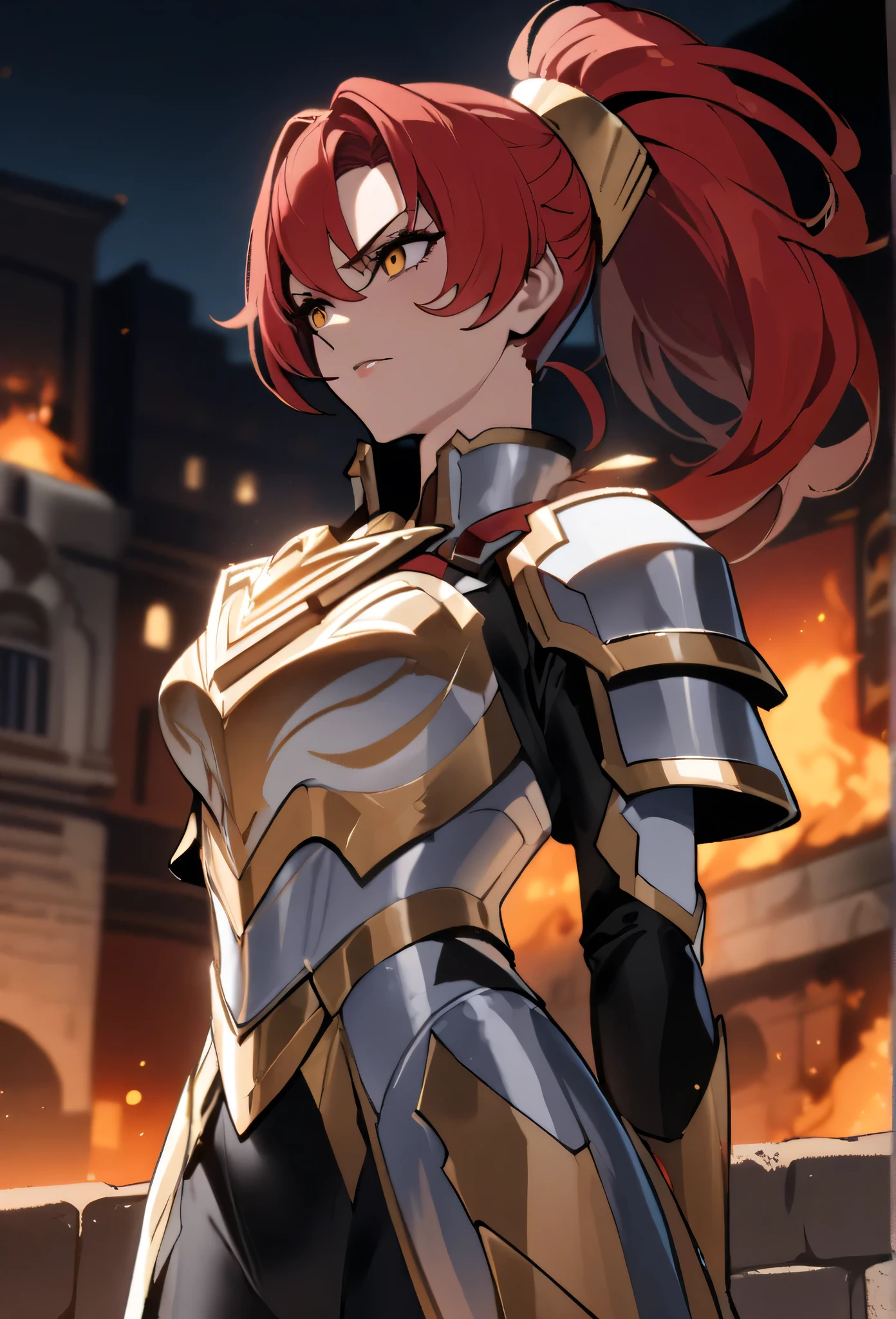 Red-haired adult female vice-captain from Antenia wearing a ponytail, bright golden eyes, wearing silver armor with a coat of a golden owl on the chest of his armor, with hands behind back, quiet and observant expression, big and athletic body , in the background a small Greek city on fire at night, quality aesthetic background