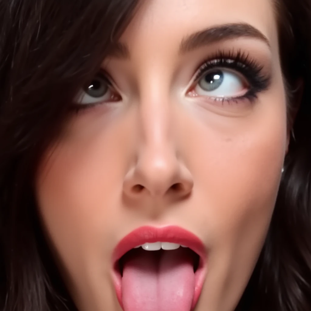 megan fox face, long tongue out, detailing eyes 