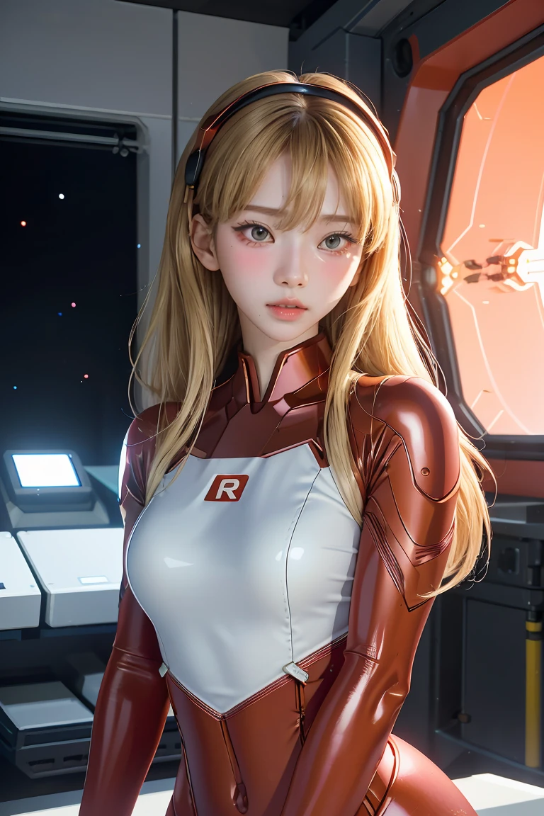 (Overhead view),dynamic angle,ultra-detailed, illustration, close-up, straight on, 1girl, 
 ((souryuu asuka langley, interface headset, red bodysuit:1.4, blonde)),Her eyes shone like dreamy stars,(glowing eyes:1.233),(beautiful and detailed eyes:1.1),(expressionless,closed mouth),(standing), 
(mechanic room with toolsand spaceship windowin a white SPACESHIP),
(night:1.2),dreamy, [[delicate fingers and hands:0.55]::0.85],(detail fingers),