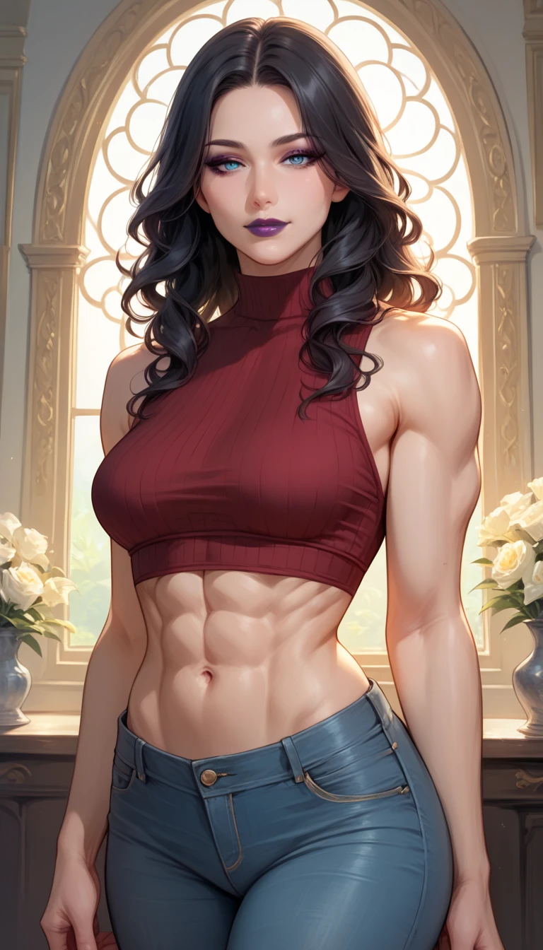 ((1 girl)), extremely long hair, solo, ((muscular)), veins, black hair, yellow eyes, pale skin, strong, veins, abs, (huge breasts), frowning, lace lingerie uhd best quality 16k (classic painting style)