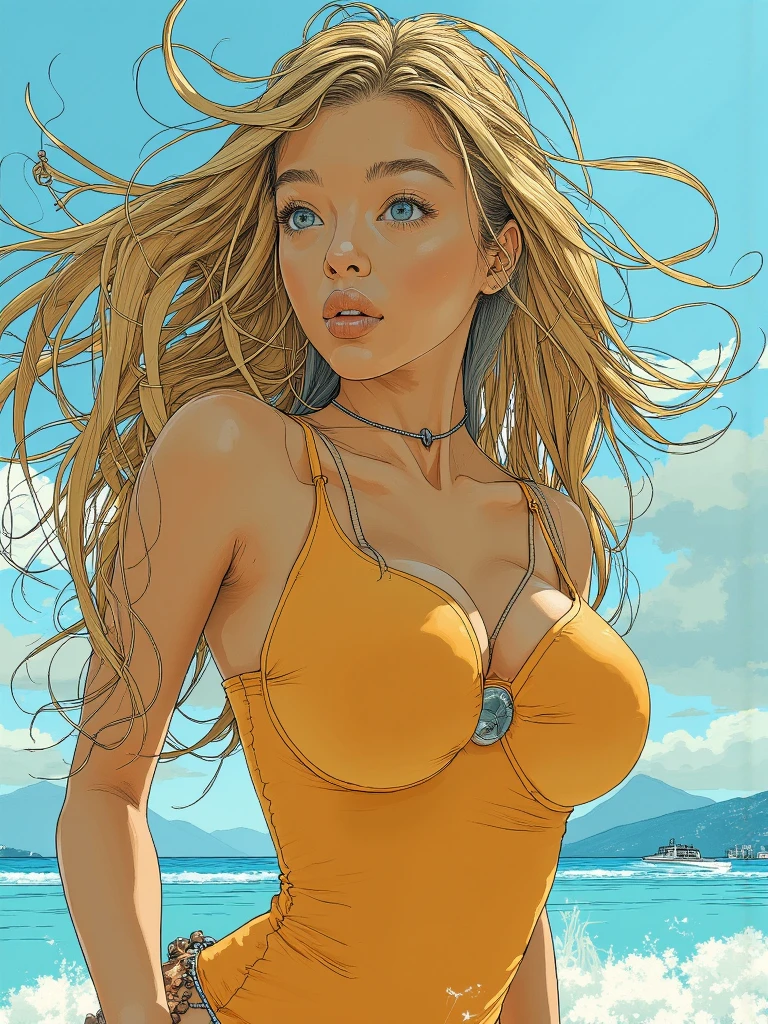 Sexy girl with long hair in two braids, blonde hair, sun, wet body, sweaty, bikini, small breasts, tight bikini, bare breasts, on the beach, tropical beach, (art inspired by Bill Sienkiewicz). oil painting) (best quality, 4k, 8k, high resolution, masterpiece: 1.2), ultra-detailed, (realistic, photorealistic, photorealistic: 1.37), intricate details, vivid colors, sharp focus, professional, artwork by Dave McKean , oil touch of surrealism, oil painting style