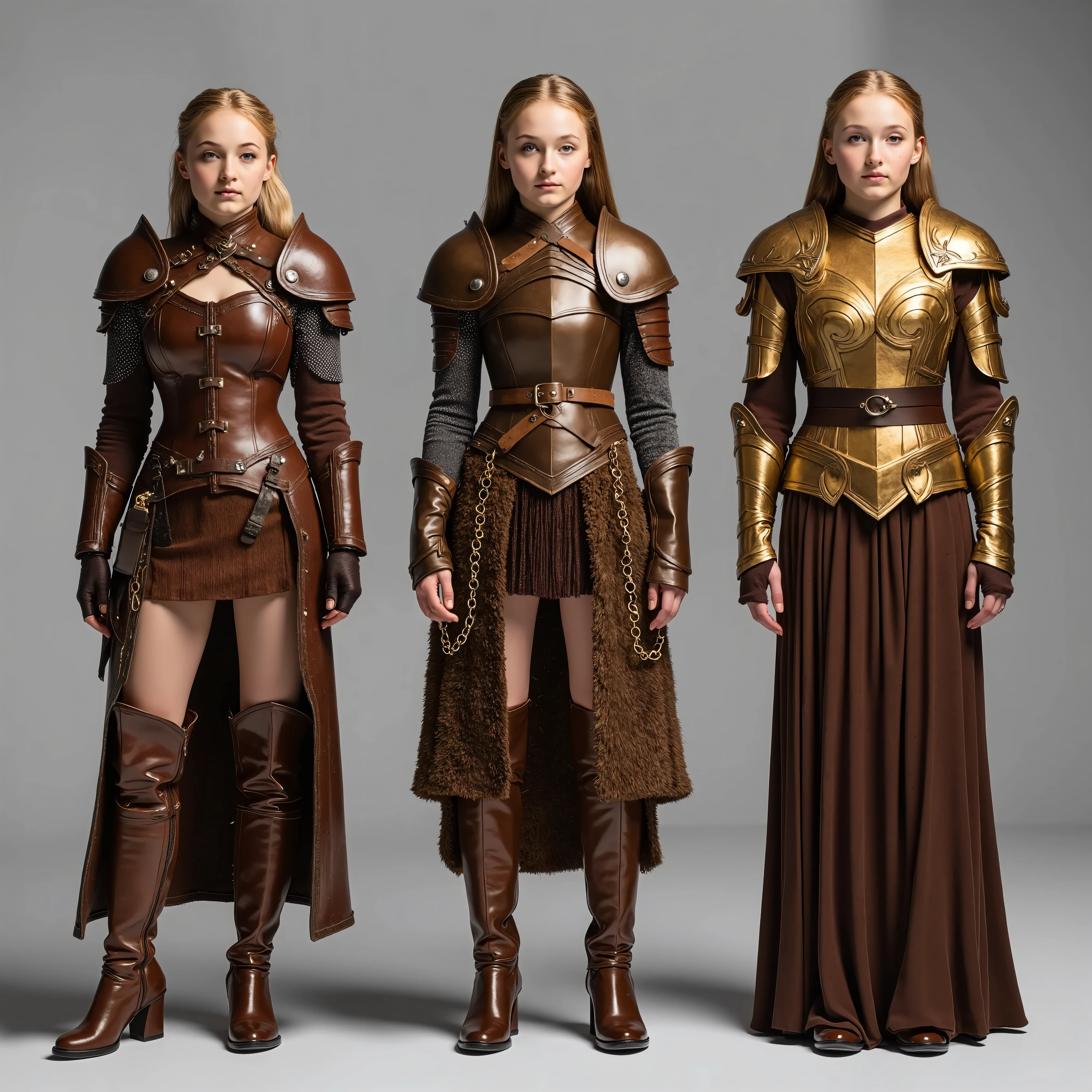 The same young girl is standing exactly full-length in an image in three different outfits, 1 type - robber leather armor, leather brown corset and leather miniskirt, brown heeled boots, shoulder pads, 2 type - bronze knight armor, bronze corset, бронзовые shoulder pads, bronze chain skirt, leather boots with bronze plates, 3 type gold women's armor and brown dress with a neckline, золотые shoulder pads и сапоги на каблуках с острыми носами, stands on a gray background .