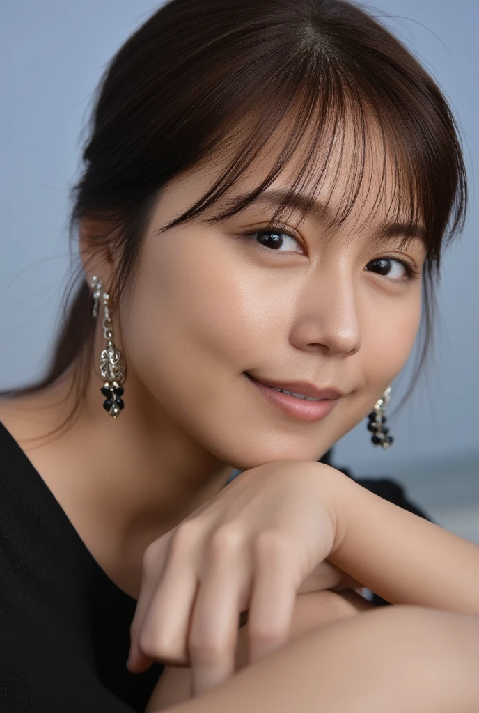 (8k, raw, masterpiece: 1.5), (professional photograph, sharp: 1.2), (natural sun light), (soft shadow), (photorealistic: 1.4), perfect dynamic composition, (1 girl), (Ultra-detailed face and skin), gorgeous face, perfectly proportioned face, dark brown eyes, round eyes, beautiful eyes, glossy eyes, high nose bridge, blush, plump lips, really moist skin, white skin, (delicate skin:1.4), (latex skin:0.4), (perfect glowing skin:0.6), (black colored ponytail hair, bangs), (hourglass figure), (large breast: 1.2), Refined expression, smile gently at the camera, looking at camera, silver necklace, headband, (white long shirt), (mini skirt), (pantyhose)