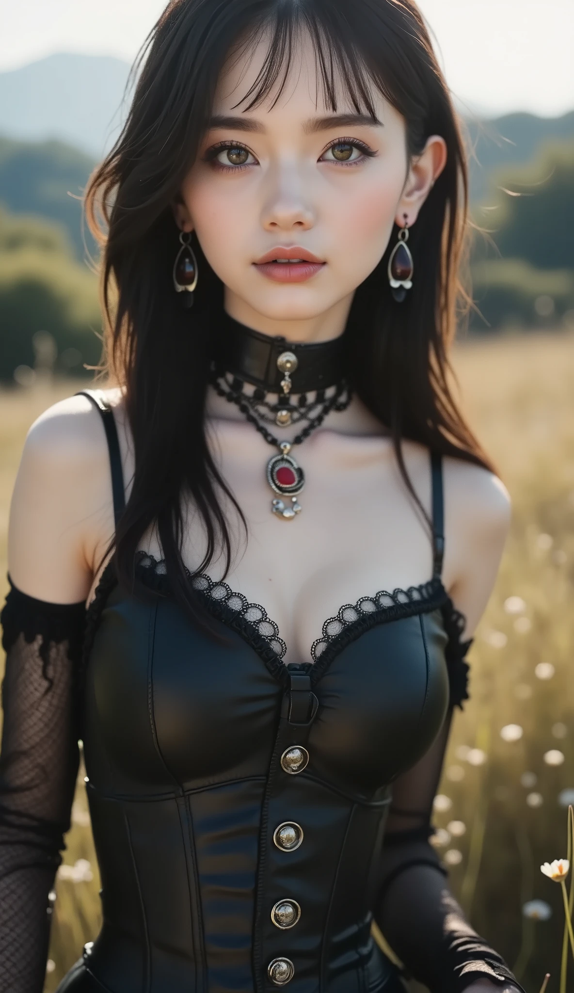 (UHigh Resolution, retina, masterpiece, accurate, 人体解剖学的に accurate, textured skin, very well detailed, Attention to Details , high quality, 最high quality, High Resolution, 1080P, High Resolution, 4K, 8k, 16k), (beautiful detail, Beautiful Lip Details, very well detailedな目と顔),(masterpiece:1.2, 最high quality), (realistic, photorealistic:1.4), beautiful illustrations, ( Natural Side Lighting , Cinema Lighting), and stare at the audience, upper body, ( front view), 1 girl, perfect face, symmetrical cute face, shiny skin, , long eyelashes, (medium breasts), (wide hips:1.2),shortcuts,beautiful hair, beautiful face, beautiful and beautiful eyes, beautiful body, beautiful breasts, beautiful thighs, Beautiful Legs, beautiful fingers for cows,
( beautiful scenery ),(cute smile up to the knee:1.3, Upward Glance ), 18 years old,pale skin, black corset and goth-haired woman, With earrings, one girl, alone, black hair, short hair, ring,(:1.5),(Punk Style:1.5),( gothic dress),(Black Lips:1.7),