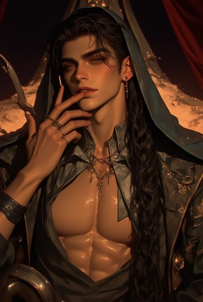 (8k,shipmentsrrealista shipments Maximum quality;1.4) (1 young boy) Super handsome king of the underworld (lifelike face) (long hair, flowery hair) slenderbody Muscular and macho Floral aristocratic suit with big white eyes flowery decoration Fangs peeking out of the mouth Pointed claws a seductive gaze Beautiful expression A hyper-realistic (King of the Underworld) appealing (real looking skin) super high resolution high détail Luxury floral pants Florida aura emanating from the body effect flowery cloak