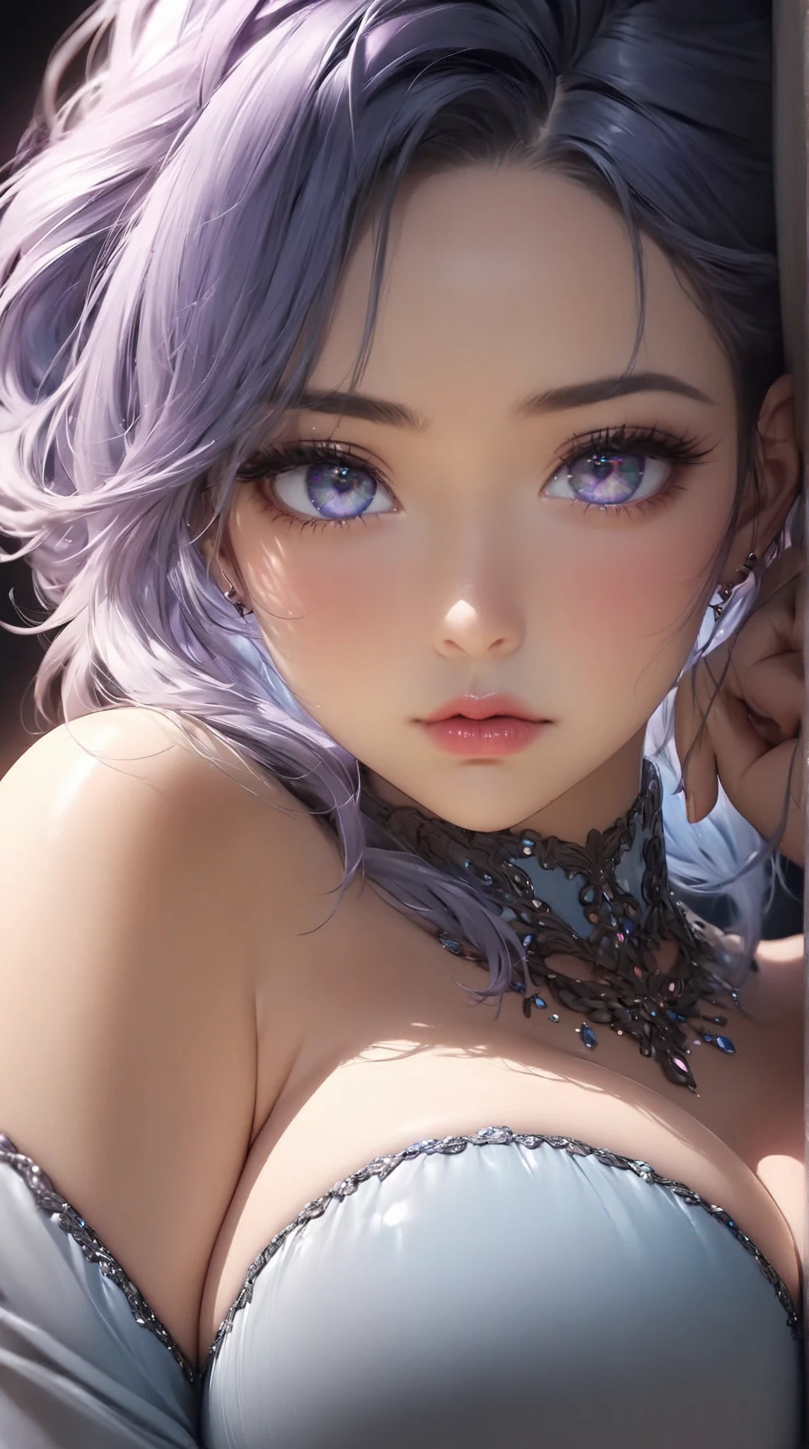 (masterpiece,Side seams,beautiful eyes:1.2),(masterpiece),lifelike,anatomically correct,3D face,sweet skin,(alone),hair highlights,gradient hair,(face close-up),cute face,(Fire opal-like purple eyes),Hanging corners of eyes,((High detail skin,Visible pores)),(Perfect body),beautiful girl,((French clothing)),(neck ring),very short gloves,(chain),(Laser material clothing:1.2)