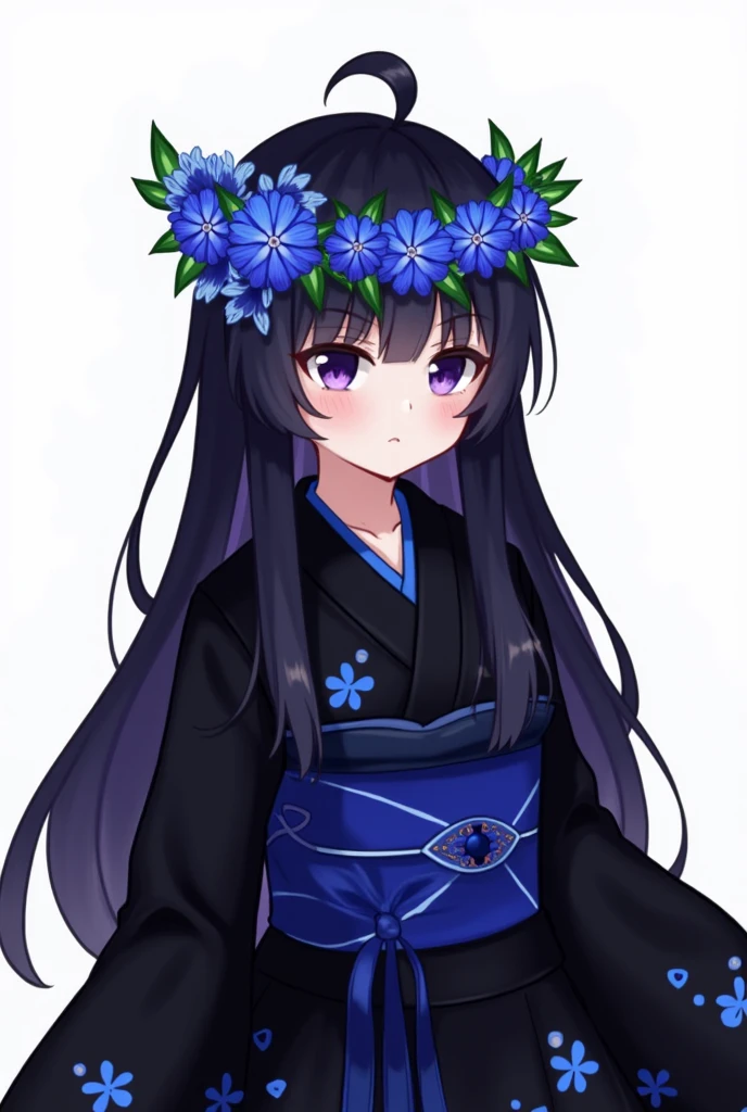 1boy, (dark blue hair:1.2), long hair, straight hair, hair between eyes, light frown, (purple lips:1.2), hair ornament, barefoot, japanese clothes, long sleeves, flower, hydrangea, oil paper umbrella, sayagata, male focus, off shoulder, kimono, blindfold, (black blindfold:1.3), chibi, <lora:last:1>
