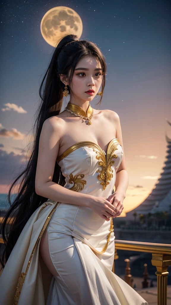 Masterpiece, Best quality, Ultra-detailed, illustration, epic lighting, Cinematic composition, isometry,(hexagons:1.2), 1girll, Horns, Solo, Yellow eyes, Black hair, Long hair, (Low wing:1.2), Large cleavage, Bare shoulders, hair between eye, Medium breasts, (White dress:1.1), Golden decoration, Detached collar, view the viewer, Semi-closed Eyes, (view the viewer:1.1), parted lip, Blush, Black feathers fall, Arena, particle fx, (8K:1.1)