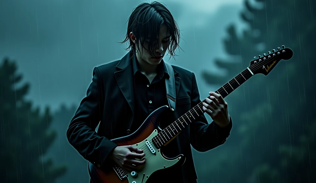 A cool and charismatic young man with a rockstar appearance stands in the center of the frame, playing his electric guitar under the heavy rain. His wet hair falls over his face, and his intense expression reflects deep sadness and raw emotion. The moody atmosphere is enhanced by dim, cinematic lighting that softly highlights his silhouette, while raindrops glisten in the air. His dark clothing and the stormy sky in the background add to the melancholic and dramatic feel. The scene is captured in an aesthetic, cinematic style, evoking deep emotions, perfect for an emotional and sorrowful music cover