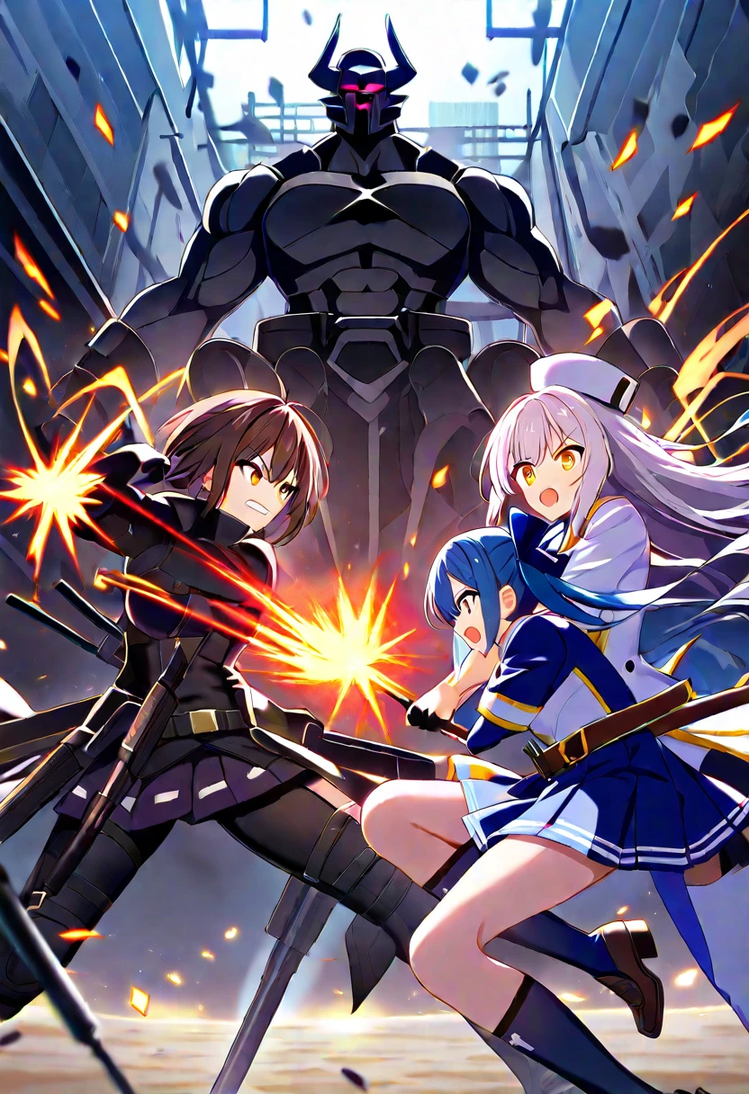 A battle scene between a female swordsman with bob hair and an aquamarine sword and a female swordsman with black hair and armor made of steel.。Final Fantasy-esque tone and quality。There are two of them in the picture.、The battle is dynamic, speedy and fantastical., (masterpiece:1.2) , (best quality:1.2) , (ultra-detailed:1.2), Big Breasts, fullbody shot,Elegant swirl background