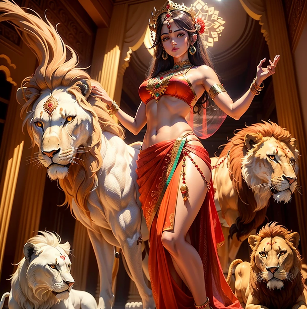 (Highly detailed), (Illustration), (Convoluted), (Beautiful face), (Attractive body), (Complete Body Picture), Modern Indian Goddess, (Transparent Red Sari), Dynamic Pose, God's Crown, (Lion Standing Nearby), Colorful, Eye-catching, Heavenly.