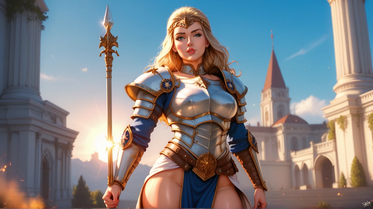 Create a high-quality image of a woman wearing full-body golden armor. She is depicted in a majestic pose, proudly standing amidst a grandiose backdrop. Her armor gleams with the brightness of gold, reflecting the sunlight streaming through the clouds. Her hair cascades over her shoulders, framing her determined and confident face. In her hands, she holds a sword or shield, ready to defend her cause with bravery. In the background, an epic landscape of towering mountains and a vast, infinite sky. This woman is a vision of power and nobility, a fearless leader ready to face any challenge that comes her way.