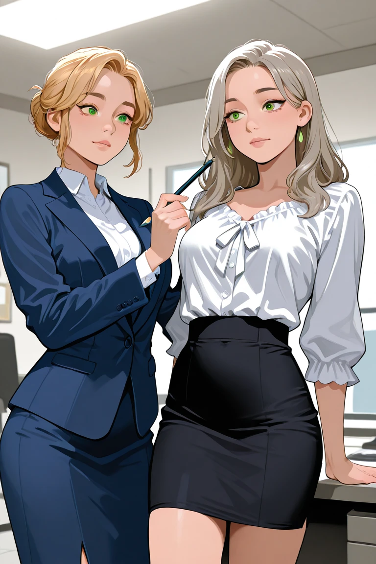 Trio of Milf in suit, erotic pose, horny expression, with class room background, exposed cleavage, partially nude
