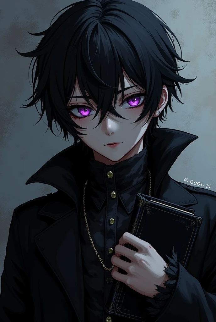 Fais moi un shinigami avec une peau très noir des yeux violets perçants comme un serpent, un corps maigre , des cheveux dans tous les sens , visage charismatique mais terrifiant, qu'il ait des vêtements déchiré noir ancien avec un cahier noir dans sa main droite
