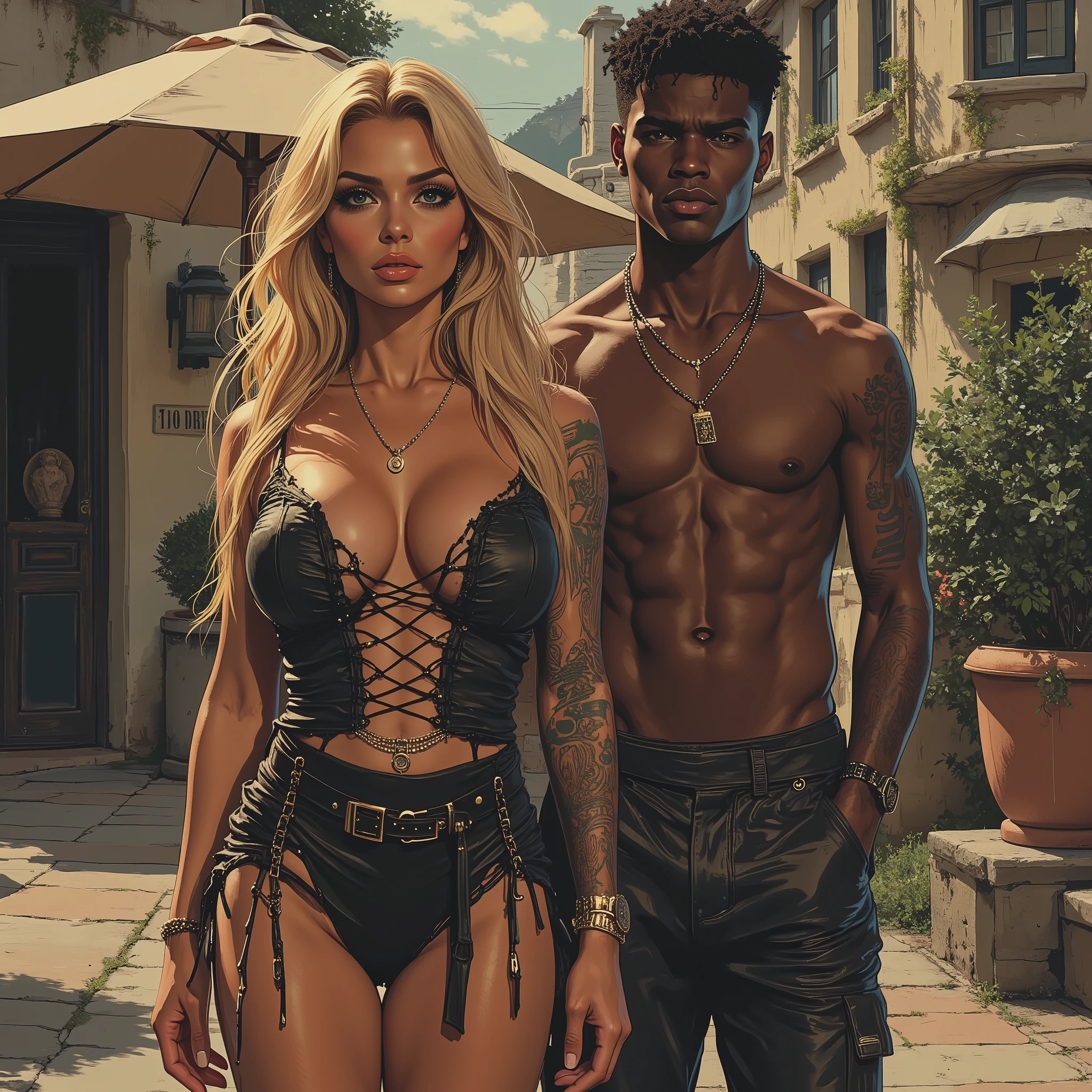((RAW image quality:1.4)), man and woman hugging each other, Young and handsome man, muscular, short hair, black tank top, ink, Dark skin including the face, sunglasses, 1 peacock feather in the hair, smile, close, and a beautiful young Japanese woman, blonde long hair, wearing a strapless red dress, gold ornaments, smile, cyber punk, nightclub background, neon light,