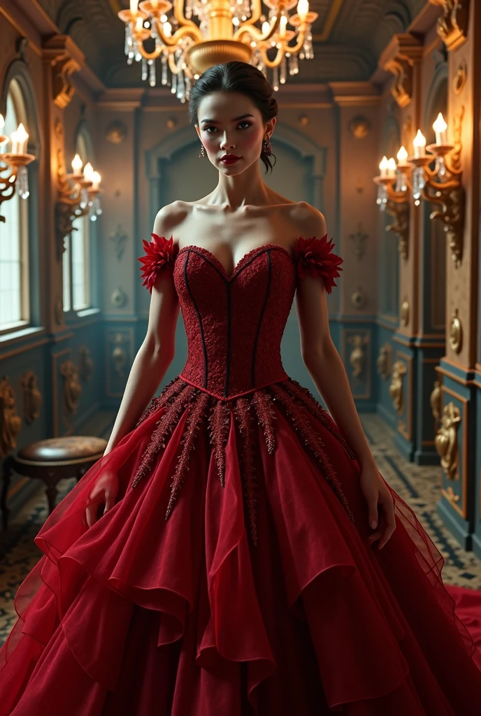 Woman in a red Victorian dress in a monastery, full-length