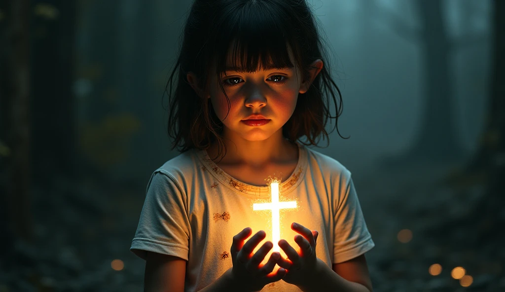 there is a young kids blonde girl praying with a cross in hands, portrait standing in front of a moon.