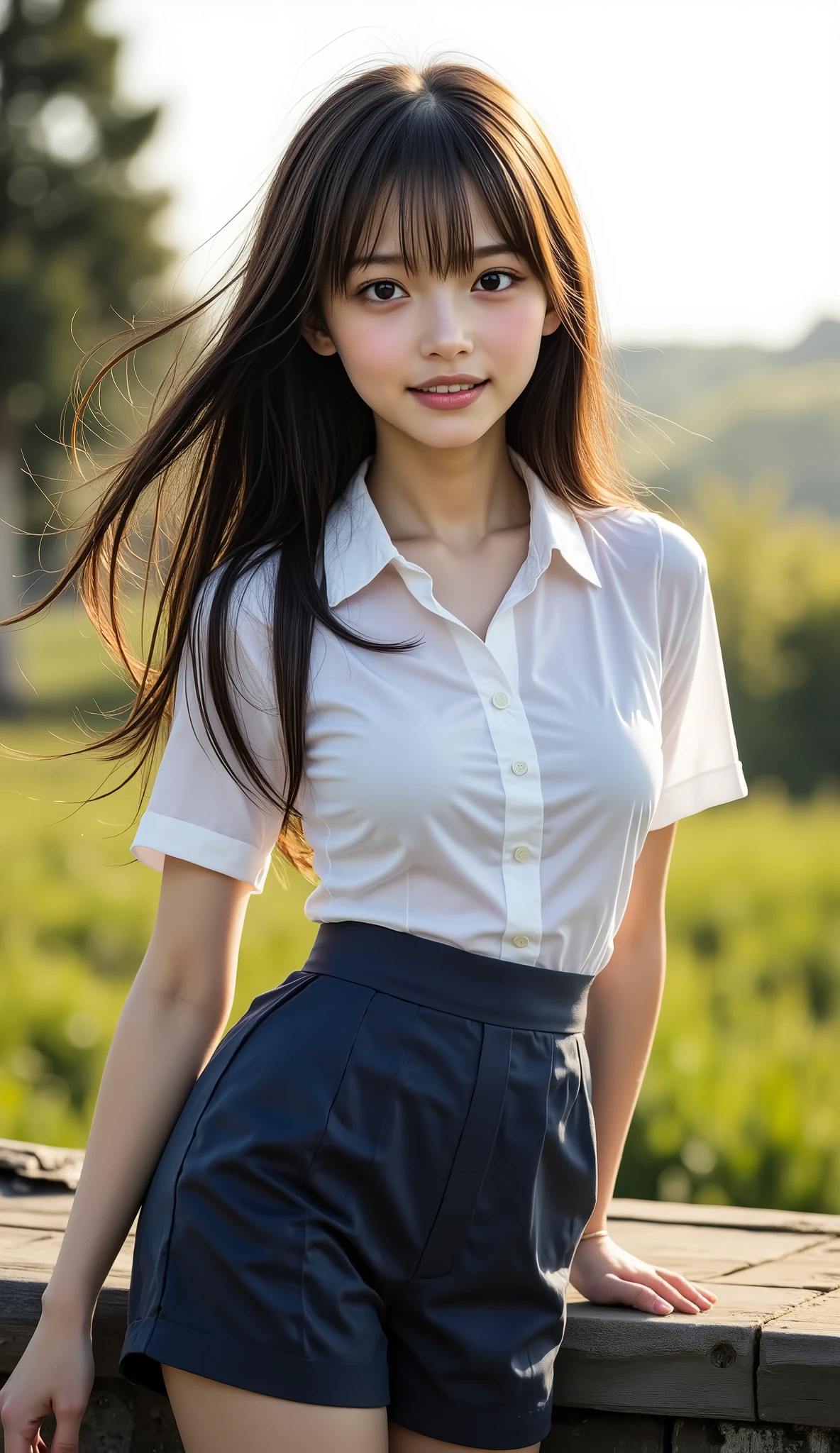 (highest quality、masterpiece、8K、best image quality、hyper realism、Award-winning work)、one high school girl、(The most natural and perfect unbutton white polyester long sleeve collared shirt dress:1.2)、(Wearing only a polyester shirt while :1.5)、(nakedr body:1.5)、(bare legs:1.5)、(full body photo:1.1)、standinegantly、(beautiful thick legs:1.1)、emphasize body line、(small breasts:1.2)、wining shirt、(dark brown:1.1)、Standing gracefulle best smile when you look at me、Strongly blurred background、park background、very bright、upper body photo、(accurate anatomy:1.1)、emphasize body line、perfect makeup、long eyelashes、bright lipstick、glossy lips、Ultra high definition glossy skin、(Ultra-high definition bright and beautiful skin:1.3)、Ultra-high definition glossy lips、Super high definition beautiful teeth