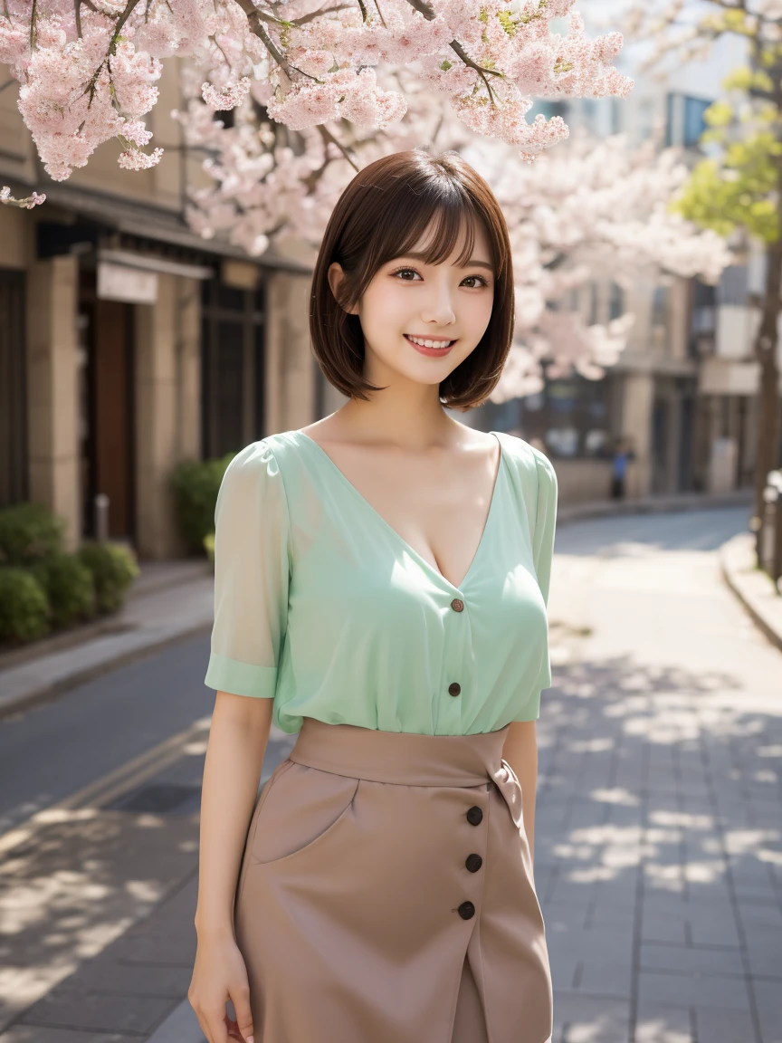 Retro Photography, 1960s , AGFA, Kodak, One girl, Lookwg_w_Audience, smile, Japan, Tokyo, Cherry Blossom, Octane Renderwg, 一人w, Very skwny,V-neck suit
