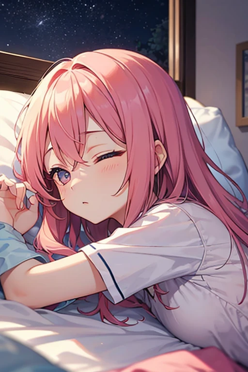 Very detailed, Detailed Background, (highest quality, masterpiece, High resolution), One girl, smile, Mid-chest, Pink Hair, Upper Body, (White pajamas:1.4), long hair、 (night:1.4)、 Dimly lit room, Co-sleeping style