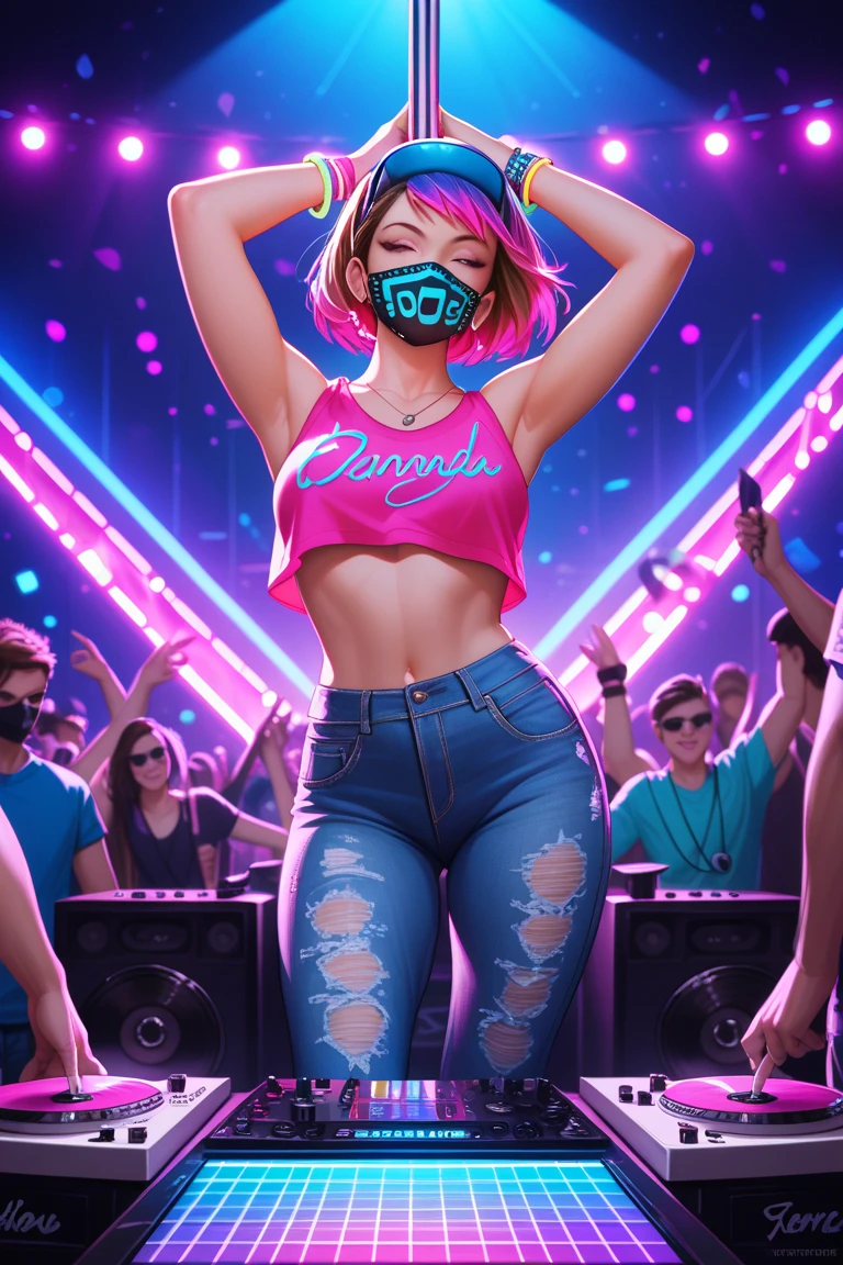 sunsethuman, medium breasts, bikini, sitting on vinyl decks in a nightclub, bright lights, glowing necklace, neon lights, sunglasses, headphones, laughing, smiling,